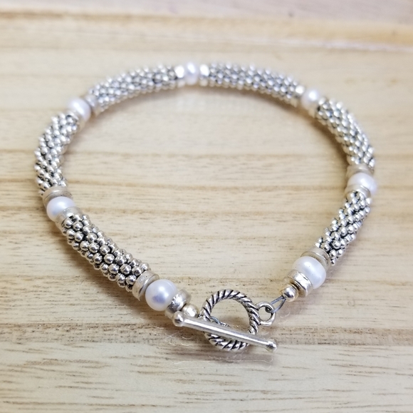 Beaded Pearl & Silver Gemstone Toggle Bracelet by Vicky Beeds - Picture 9 of 14